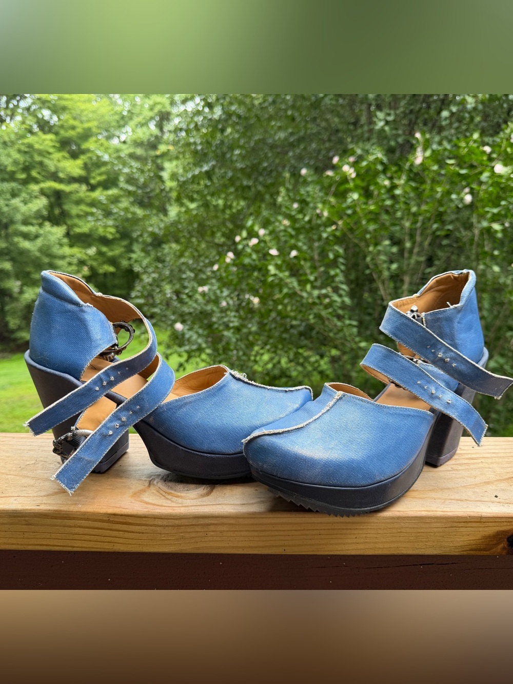 John Fluevog Light Blue Denim Platform Mary Jane Clogs - Picture 5 of 12